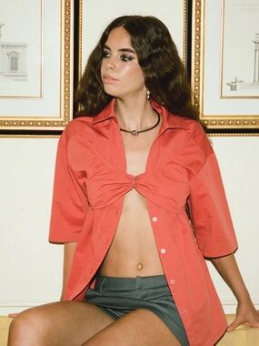 Women’s Coral Twist-Front Button-Down Shirt